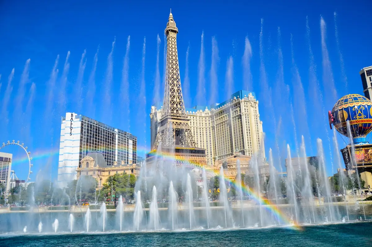 The Bellagio fountains with the Paris tower behind