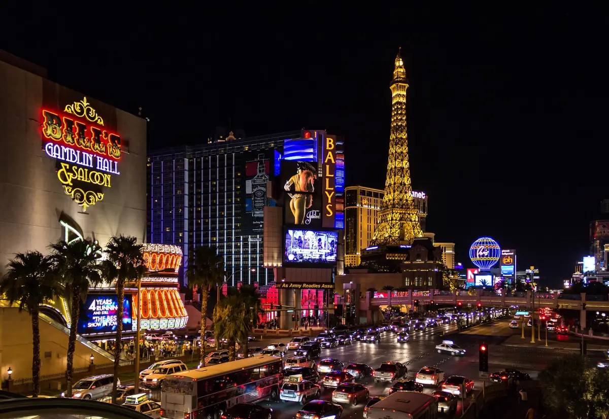 The Strip at night with the Eiffel Tower replica